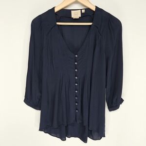 Vanessa Virginia Blouse Women 0 Navy Blue Button‎ Front V-Neck Anthropologie